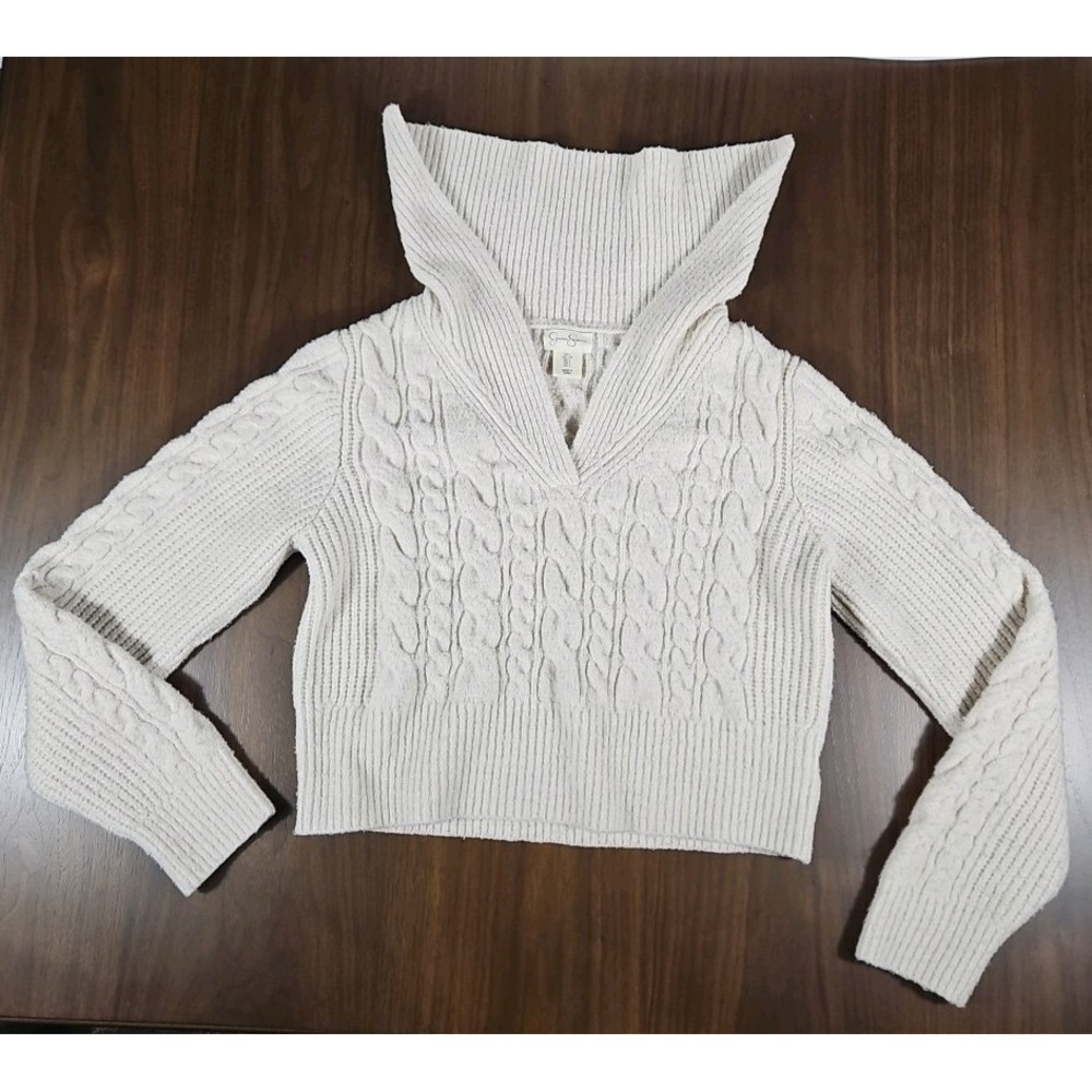 Jessica Simpson Ribbed Collar V-Neck Crop Top Cable Knit‎ Sweater Large